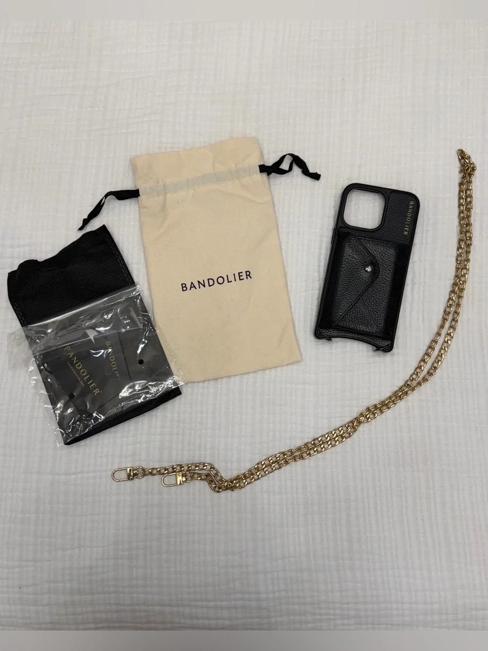 Bandolier Black Leather Phone Case with Gold Chain Strap